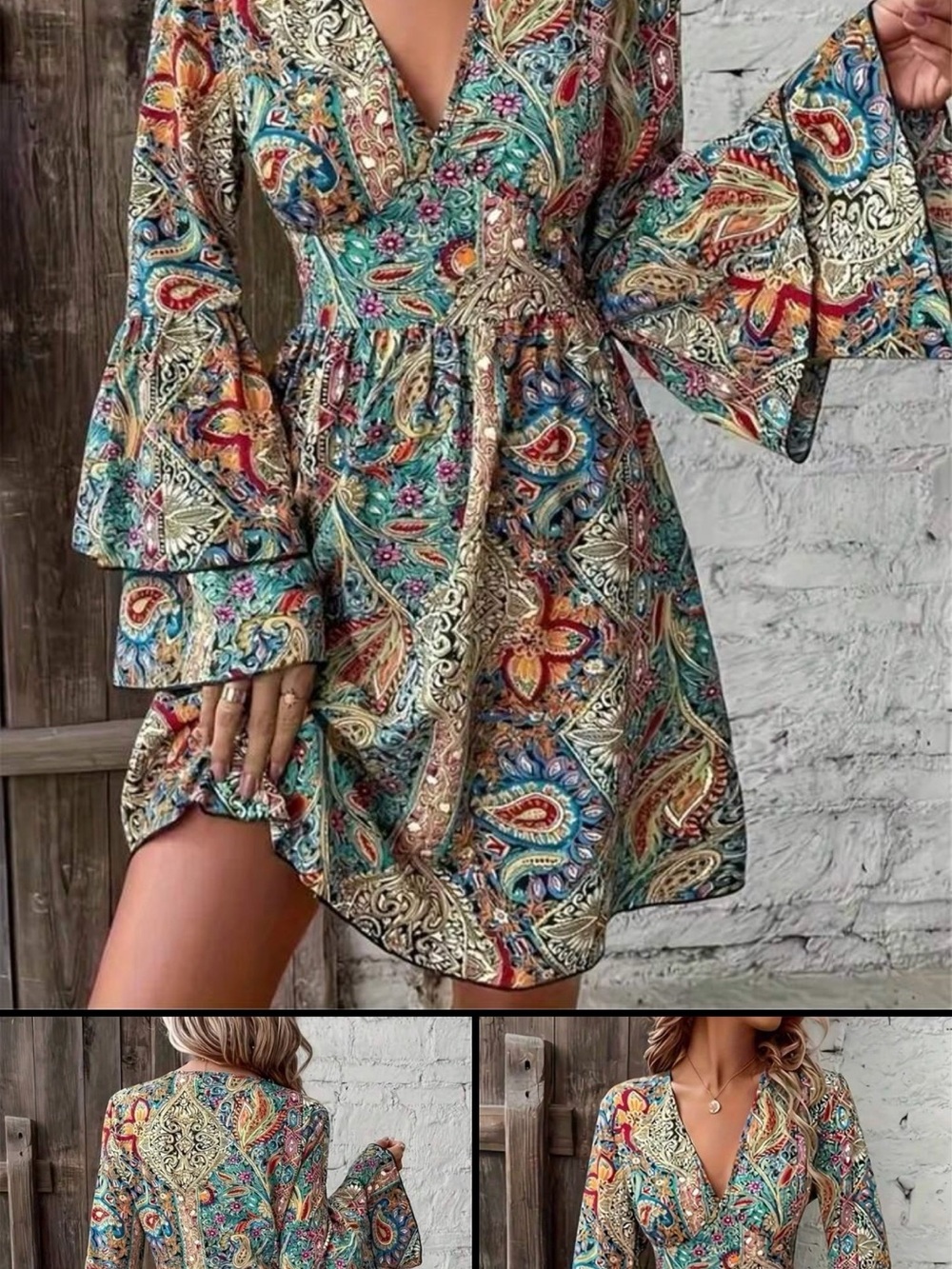 Paisley V-Neck Wrap Mini Dress in Teal Multicolor